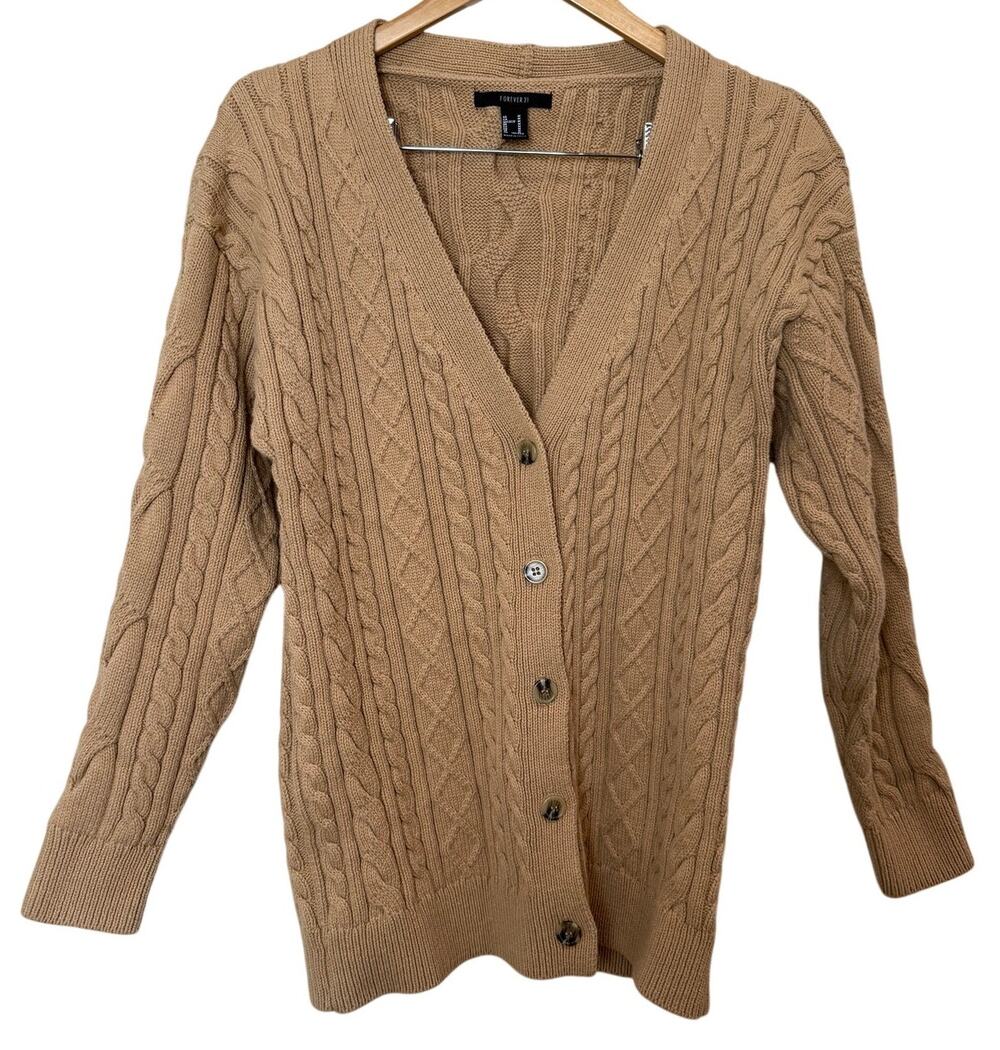 Forever 21 Brown Cable Knit Chunky Long Sweater Button Cardigan Medium Preppy